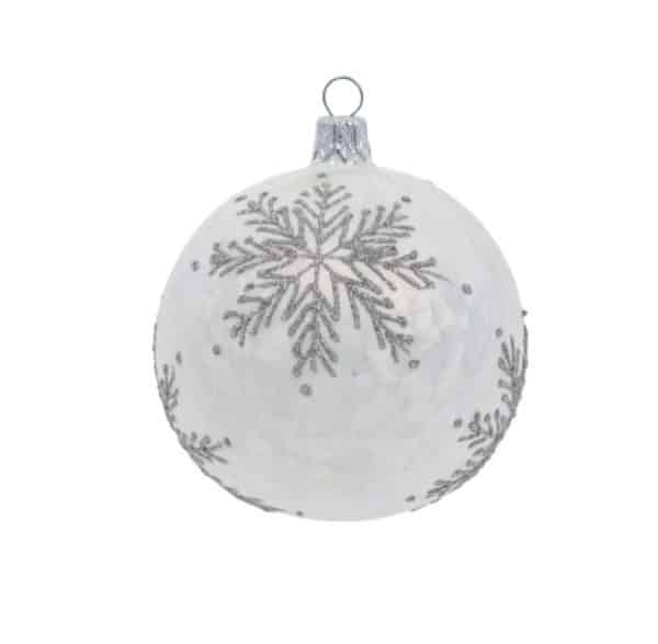 Boule de Noël en verre, flocons pailletés argent 8 cm